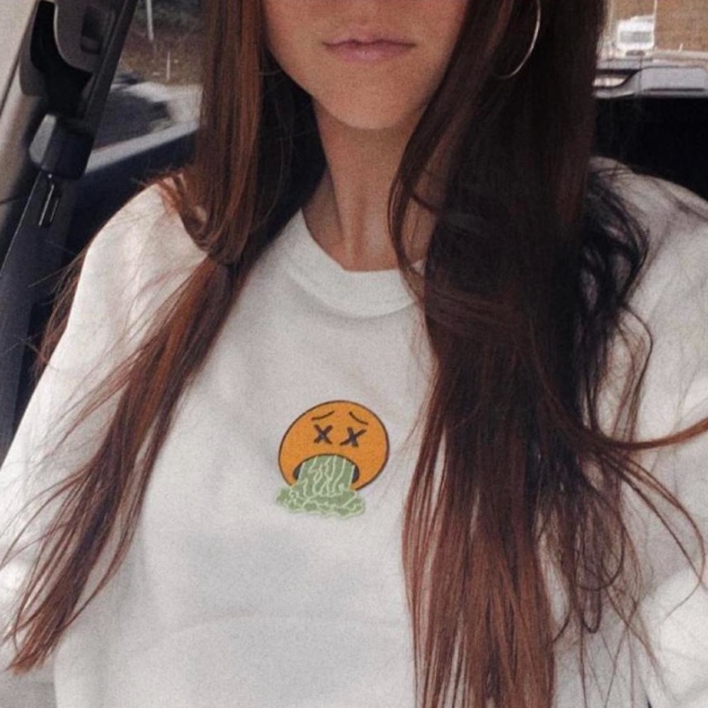 White crewneck with emoji patch